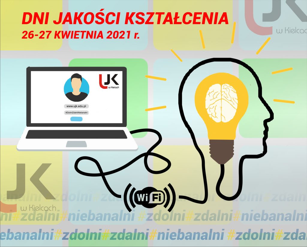 Dni jakości kształcenia 26-27 kwietnia 2021r.
Laptop i głowa człowieka podłączona do WiFi.